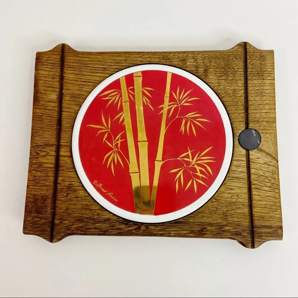 Fred Press | MCM Red & Gold Bamboo Ceramic Inlay Cheese Board Serving Tray